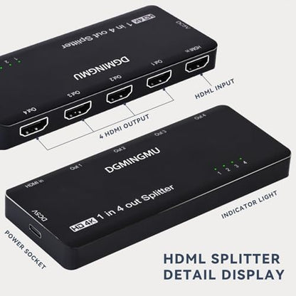 4K HDMI Splitter 1x4 - Ultra HD 1 Input 4 Output Powered HDMI Duplicator/Splitter, Mirror One Screen to Four TVs or Monitors Simultaneously | Plug & Play for Business & Home(4K 1x4)