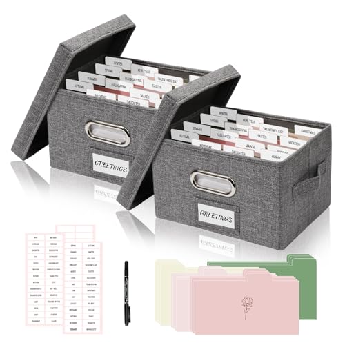 Greeting Card Box Set of 2, 10x7.8 in Linen Grey | 2 storage boxes w 32 dividers, 168 labels & 2 pens, keeps cards envelopes photos organized, sturdy gift for home - color: Grey, size: 2 Pack