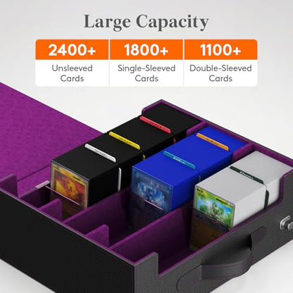 Lifewit Trading Card Storage Box with Handle, Holds Up to 1800 Sleeved Cards with 12 Adujstable Dividers & 4 Stoppers, Aluminum Closure PU Leather Case for MTG, PTCG, YGO, Sports Cards, Black& Purple - color: Black&Purple