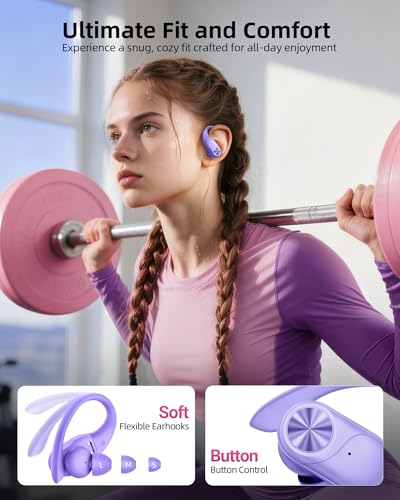 PocBuds Bluetooth Headphones Wireless Earbuds 80hrs Playtime Wireless Charging Case Digital Display Sports Ear buds with Earhook Deep Bass IPX7 Waterproof Over-Ear Earphones for TV Phone Laptop Purple - color: Purple, style: Standard