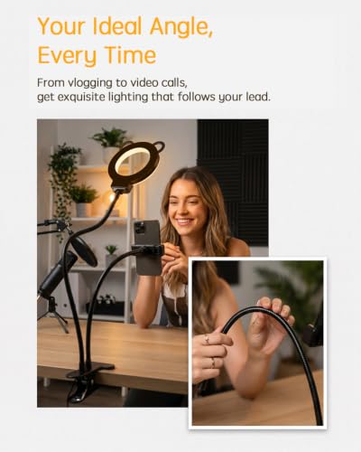 Desk Lamp, Ring Light for Laptop Desk Clip On, LED Reading Light with Clamp, Silicone Flexible Arm Book Light, Video Conference Lighting with Stand for Phone/Zoom Meeting/Video Call/Recording