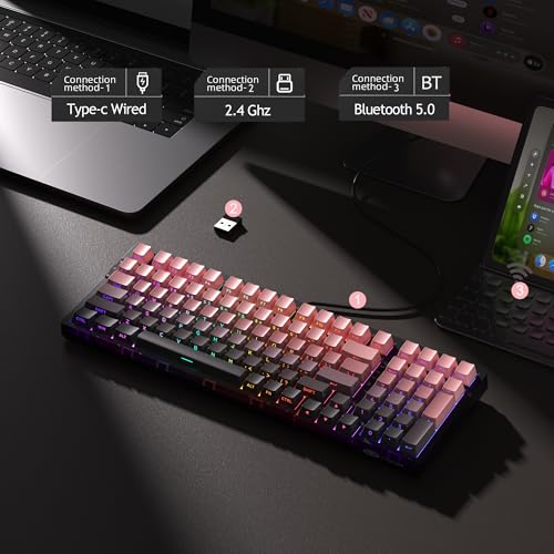 MageGee LIGHT100 Wireless Creamy Keyboard, Gasket Structure Hot Swappable, 2.4G/USB-C/BT5.0 RGB Backlit Mechanical Gaming Keyboard for Win/Mac/PC, 8000mAh Battery, Side Printed PBT Keycap, Pink - color: Pink/Blue Whale Switch