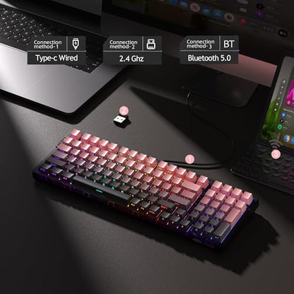 MageGee LIGHT100 Wireless Creamy Keyboard, Gasket Structure Hot Swappable, 2.4G/USB-C/BT5.0 RGB Backlit Mechanical Gaming Keyboard for Win/Mac/PC, 8000mAh Battery, Side Printed PBT Keycap, Pink - color: Pink/Blue Whale Switch