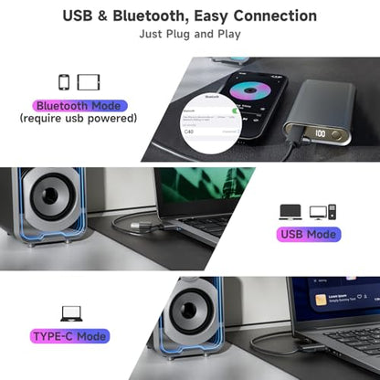 SOULION 10W USB Powered Wired Bluetooth 2.0 Computer Speakers | 2.0 PC Speakers, Easy-Control Pod, 5 Mirror-Like LED Light Modes, for Monitor Laptop Desktop Gaming Music