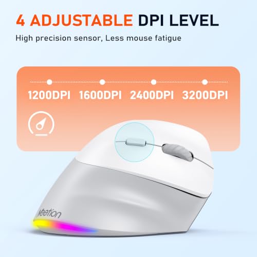 MEETION Ergonomic Wireless Vertical Mouse, Rechargeable, Gray | Bluetooth 5.2 + 3.0 and USB connectivity, RGB backlight, 4 DPI adjustment, compatible with Windows, Mac, Android, PC and iPad - color: Right Gray