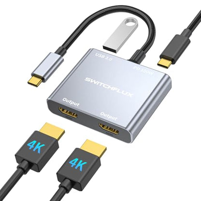 USB C to Dual HDMI Adapter |4K60Hz HDMI Splitter Extended Display for Dual Monitors,100W PD,USB 3.0 Port Converter Compatible with Laptop,Tablet,Graphics Card - size: 6.6inch