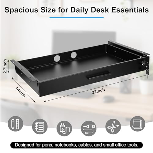 Menkxi 22'' x 14'' Under Desk Drawer Slide Out Storage Organizer, Lockable Metal Desk Drawer for Laptop and Office Accessories, Large Hidden Under Table Storage Box with Cable Management, Black - size: 22'' x 14''
