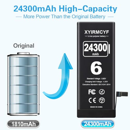 XYIRMCYF 24300mAh Super Capacity Battery Compatible with iPhone 6/6G, New 0 Cycle Li-Polymer Replacement Battery for iPhone 6/6G, with Professional Repair Tool Kit - color: 6-24300