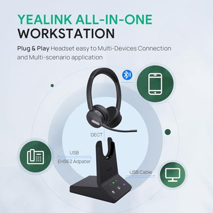 Yealink WH64 DECT & Bluetooth Dual Teams Wireless Headset, 606 ft Range On Ear Work Headphones with 3X Noise Cancelling Mic, 32H Talk Time, Ringer, Office Headsets for Desk IP Phone, PC,Cellphone - style: WH64 Dual-Teams