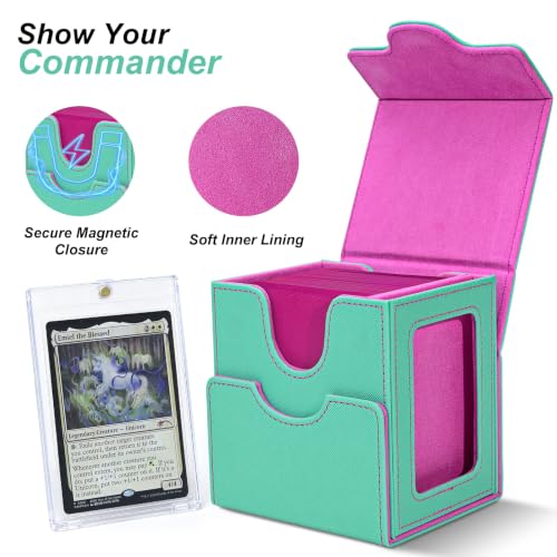 Commander Deck Box for MTG/PTCG/TCG - Patent Pending, Green Rose Pink | Card Deck Box with Display Fits 100+ Double-Sleeved Cards, Magnetic Trading Card Box with Dice Tray & 35PT Card Holder - color: Green Rose Pink