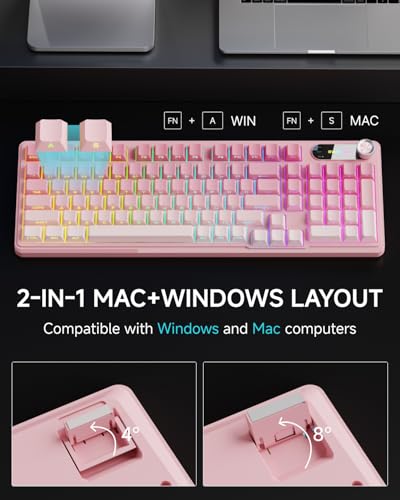 EWEADN V102 Wired Keyboard, 98 Keys Creamy Gaming Keyboard with Number Pad, Display Screen & Media Knob RGB Silent Wired Cute Computer Keyboard for Laptop PC Gamer - Gradient Pink - color: Gradient Pink