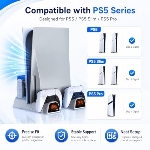Cooling Station for PS5/Slim/Pro/Disc&Digital | Cooling Stand with Dual PS5 Controller Charging Station, 3 Levels Cooling Fan Multi-Function PS5 Accessories Slot and USB Hub - color: White 2