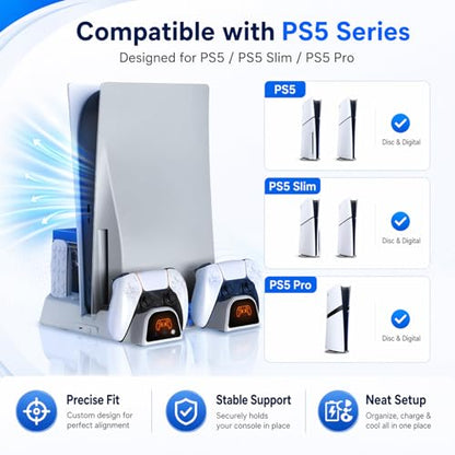 Cooling Station for PS5/Slim/Pro/Disc&Digital | Cooling Stand with Dual PS5 Controller Charging Station, 3 Levels Cooling Fan Multi-Function PS5 Accessories Slot and USB Hub - color: White 2