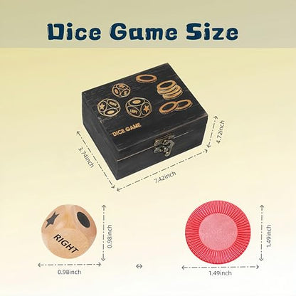 Left Right Roll Dice Game Set - 3 Wood Dice & 72 Plastic Chips | Wooden Box, Portable Travel Party Game, For Family, Friends, Adults - Black - color: Black