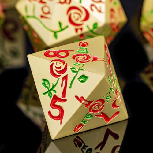 Gothic DND Dice Set Bleeding Rose Metal D and D Dice for use with Dungeons Dragons D&D Role Playing Game, Golden Red RPG Polyhedral Dice Set D20 D12 D10 D8 D6 D4 - color: Red&gold&red Numbers