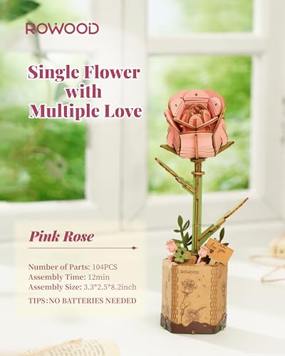 rowood Artifical Flower,Wood Flower Building Toy Set,Mother's Day/Valentine's Day/Teacher's Day/Thanksgiving Day/Christmas/Birthday Gift for Mom/Women/Grandma/Wife/Her-Pink Rose, TW041 - style: Pink Rose