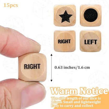 15 Pcs Left Right Center Game Dice 16mm Wooden Dice with Drawstring Bag Standard Size 6 Sided for Left Right Center Game Dices Accessorie Family Indoor Outdoor Travel Easy to Store and Carry