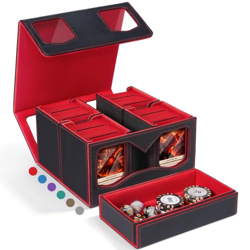 Fabmaker Deck Box Compatible with MTG, Large Capacity Trading Card Storage Box for Comman-der, 5-in-1 Leather Magnetic Closure Card Box with Token Tray, Card Box Compatible with Magic the Gathering - color: Red, size: 4 pack