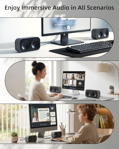 GELRHONR Computer Speakers for Desktop PC, 2×3W Small Stereo Speakers,USB Powered with 3.5mm Aux and Volume Control,Plug and Play for Laptop,Tablet 1.2M,Grey