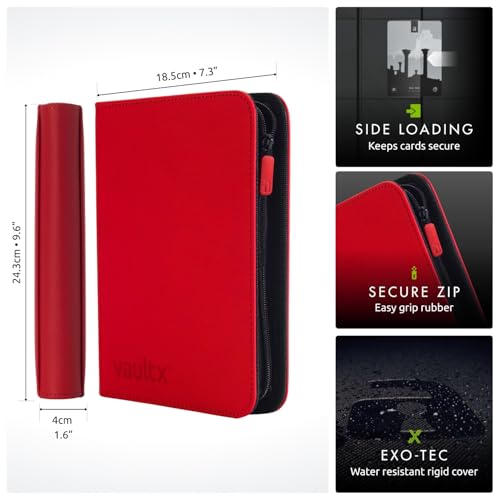 Vault X 4 Pocket Zip Trading Card Binder 160 Cards Exo-Tec (Red) | Holds 160 standard-size TCG cards in 20 side-loading 4-pocket pages. Padded, water-resistant Exo-Tec cover. - color: Red