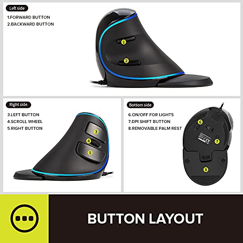 DELUX Wired Ergonomic Vertical Mouse, Ergonomic Mouse for Large Hands, Blue LED Backlit, Up to 12800 DPI, Removable Wrist Rest, 6 Programmable Buttons, Silent Click, Compatible with Laptop/PC (M618PU) - color: Wired with single light