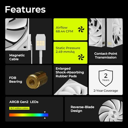 Tryx 120mm Case Fan Reverse Blade ARGB PC Computer Quiet Fan 3in1 Cooler, Upgraded Pogo-Pin Connection with Magnetic Cable，ARGB Gen2 LEDs，New Version ROTA SL，White - color: 3in1 White, size: Reverse Fan