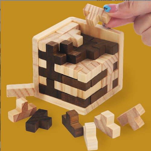 Ahyuan Wooden Brain Teaser Puzzle Cube Wooden Puzzles T-Shaped Jigsaw Logic Puzzle Educational Toy for Kids and Adults by AHYUAN (Brown and Natural) - color: Brown and Natural
