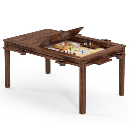 Board Game Table with Removable Table Top, 54” x 31” Play Area, Gaming and Dining Table with 2 Play Mats, Detachable Cup Holders and Trays for 6 Players, for Card, DND and Poker, Walnut - size: REC w/Two Mats