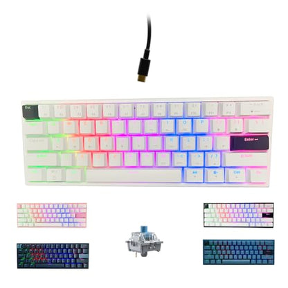 ONE-UP Portable 60% Mechanical Gaming Keyboard LED Backlit Compact 61 Keys Mini Wired Office Keyboard with Blue Switch PBT Keycaps for Windows Laptop PC Mac.（White/Black） - color: White