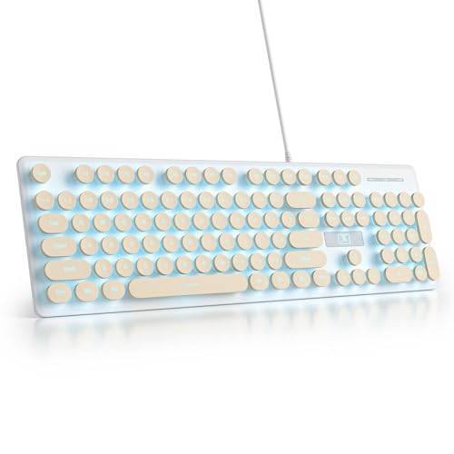 surmen Cute Quiet Keyboard USB Wired Typewriter Keyboard, Light Up Backlit PC Keyboards with Retro Round Keys Full Size 104 Keys for Office Computer (Khaki) - color: Khaki
