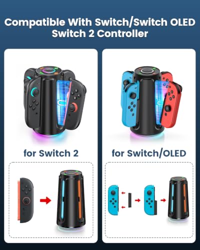 Upgraded [Switch 2/1 Both] Charging Dock for Nintendo Switch Joycons, 4-in-1 Magnectic Controller Fast Charging Station with Adjustable RGB Lights - size: M-for Switch 1/2