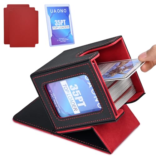 UAONO Card Deck Box for MTG Commander, Fits 100 Double-Sleeved Cards | Independent Commander Display, Magnetic Deck Case for Magic the Gathering TCG, 2 Dividers & 1 Top Loader (Black, Red) - color: A-Black&Red