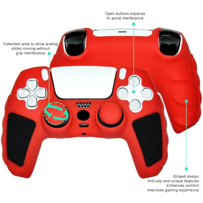 2 Pack Red Anti-Slip PS5 Controller Skin,Soft Thicken Studded Protective Silicone Cover Skin Grips Compatible with PS5/Slim/Pro Controller and 8 PCS Thumb Grips Caps. (2 Pack Red) - color: 2 Pack Red
