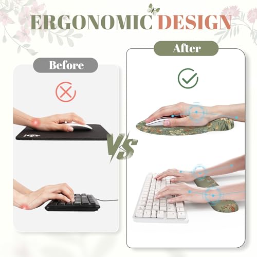 iCasso Desk Mat Set,Large Mouse Pad with Wrist Rest,Ergonomic Keyboard Wrist Support for Women,Girly Floral Computer Mat with Scalloped Edges,Non-Slip Desk Pad Home Office Gaming (Green) - color: Green