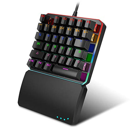 One Handed Mechanical Gaming Keyboard, RGB LED Backlit Half Keyboard Multimedia Function Key Portable Mini Single Gamer Keypad with Wrist Rest for PC/Laptop