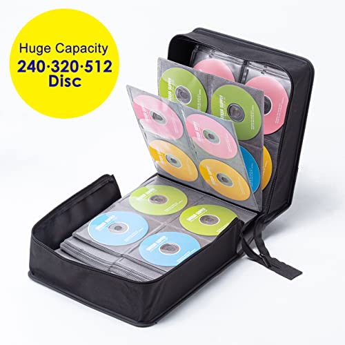 SANWA 240 Capacity CD Case, DVD Blu Ray Case Holder with Handle & Zippers | Hardshell CD Binder Storage Box, Portable, Dust & Scratch-proof, Movie Music Media Disc Wallet, for Home, Office, Car, Black - size: 240