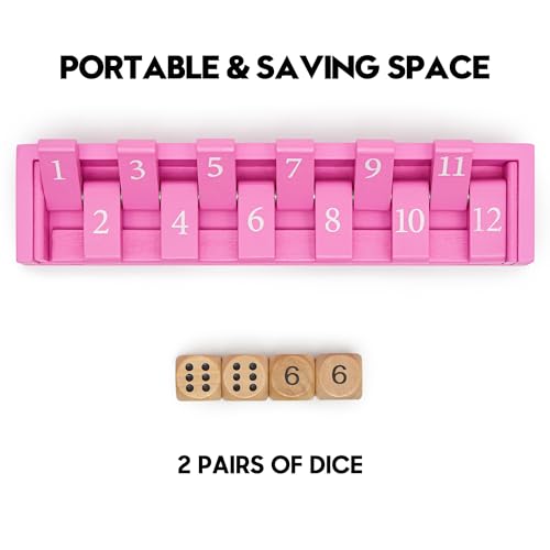 11'' Wooden Shut The Box Dice Game Travel Size Board Game 12 Numbers 2 Classic Dice & 2 Number Dice Storage Bag Instructions Math Learning Classroom Kids, Adults