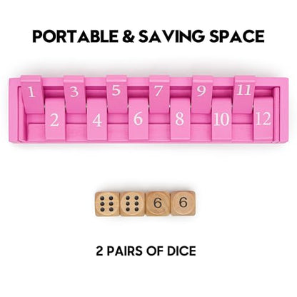 11'' Wooden Shut The Box Dice Game Travel Size Board Game 12 Numbers 2 Classic Dice & 2 Number Dice Storage Bag Instructions Math Learning Classroom Kids, Adults