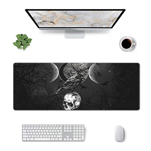 Triple Moon Mouse Pad XL Extended Desk Mat, Computer Mousepad | Triple Moon Crow Skull Galaxy Halloween Non Slip Rubber,Stitched Edge, Gaming Pc Large Mice Pad 31.5 x 11.8 Inch - color: Black24