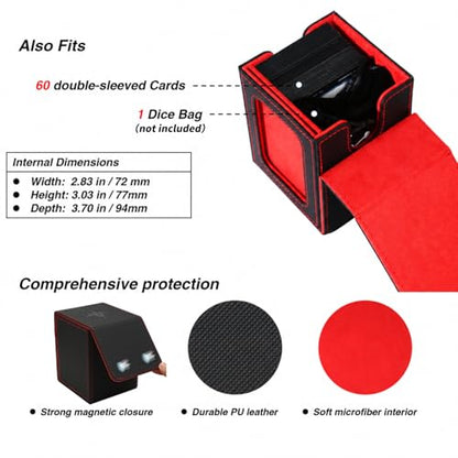 MTG Deck Box for Commander Display,Card Deck Box Fits 100 Double Sleeved Cards, TCG Card Storage Box with 2 Dividers and 1 Toploader (Black＆Red) | Holds 120 Single/100 Double-Sleeved Cards, Fit MTG/PTCG/OPTCG Cards, Strong Magnet, PU Leather, With 2 Divid