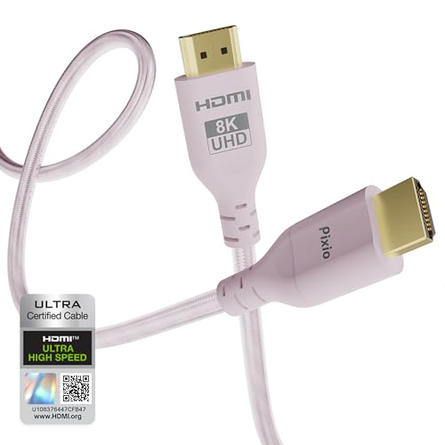 Pixio Pink 8K HDMI 2.1 Cable Ultra Certified Ultra High Speed 6FT 8K 60Hz 4K 120Hz Nylon Braided, Gold Plated Connector, Anti-Breakage, HDR10+, dtsx, eARC, HDCP, Dolby Compatible - color: Pink, size: 6 ft