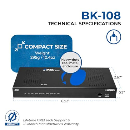 8K HDMI Splitter 1x8 – 48Gbps HDMI 2.1 Splitter 8 Port, 8K@60Hz 4K@120Hz, HDR Dolby Vision, HDCP 2.3, Downscaling 8K to 4K 1080p, Powered HDMI Splitter for TV Gaming Display - size: 8K Splitters 1x8