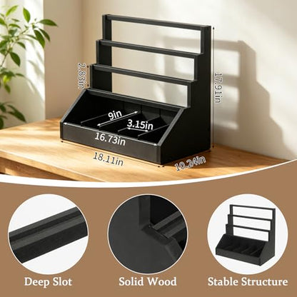 Trading Card Display Stand with Card Stoppers - 3 Tier 5 Row Wooden Step Shelf, Large Capacity Tabletop Display Storage Case for Graded Cards & Collectible Cards