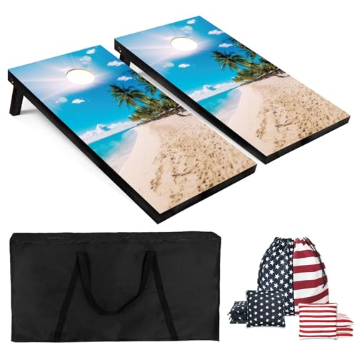 Cornhole Board Set 4x2 Regulation Size Cornhole Set with Carrying Bags & 8 Bean Bags Corn Hole Boards Bean Toss Game for Adults Family Outdoor Lawn Outside Backyard Games - color: Beach Palm Trees, size: 4*2FT