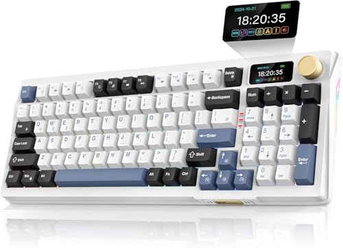 RedThunder K95 Wireless Mechanical Keyboard, TFT Screen & Knob, Tri-Mode BT5.0/2.4GHz/USB-C Hot Swappable Custom, Pre-lubed Linear Switches, Gasket Structure, RGB Gaming Keyboard, Snowy White-Blue - color: Snowy White