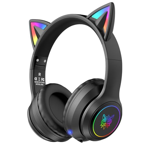 Cat Ear Bluetooth Headphones for Kids & Adults, 55H Play Time, Wireless Foldable & Wired Multi-Function LED Light Up Over Ear Headphones with Mic and Volume Control for iPhone/iPad/Laptop/PC - style: Adults-105dB-Black