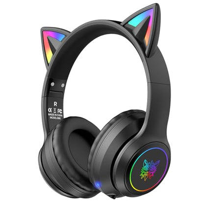 Cat Ear Bluetooth Headphones for Kids & Adults, 55H Play Time, Wireless Foldable & Wired Multi-Function LED Light Up Over Ear Headphones with Mic and Volume Control for iPhone/iPad/Laptop/PC - style: Adults-105dB-Black