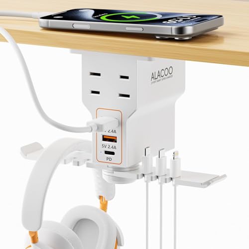 Multi-Function Desk Headphone Hanger Hook Gaming Office | 2 USB, 1 Type-C, 2 AC Outlets Desk Hook Holds Headsets & Purses, Practical Accessory for Gaming, Office, Home and Great Gift - color: White