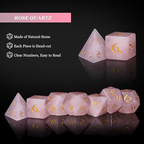UDIXI Stone Dice Set D&D Rose Quartz Gemstone DND Dice for Tabletop Games | Natural Stone, Premium Gift Box, DM Gift, for Dungeons and Dragons Role Playing Games - color: Rose Quartz