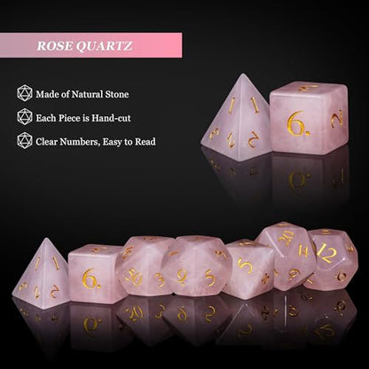 UDIXI Stone Dice Set D&D Rose Quartz Gemstone DND Dice for Tabletop Games | Natural Stone, Premium Gift Box, DM Gift, for Dungeons and Dragons Role Playing Games - color: Rose Quartz